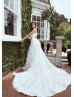 White Lace Tulle Pearls Embellished Floral Wedding Dress